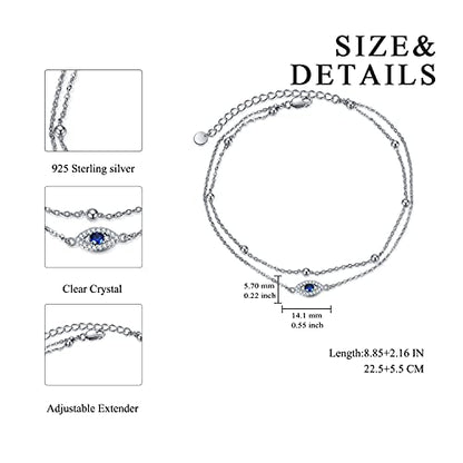 POPLYKE 925 Sterling Silver Double Layered Chain Evil Eye Daisy Sunflower Butterfly Anklets for Women Holiday Beach Crystal Ankle Bracelet Dainty Evil Eye Jewelry - style: Silver Evil Eye Anklet