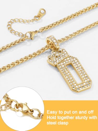 U7 Crown Initial Necklace Men Women, Bling Diamond A-Z 0-9 Letter Pendant with Wheat Chain, Silver/Black/Gold Plated CZ Alphabet Number Hip Hop Jersery for Father Husband - color: a. Gold, size: 27. 0