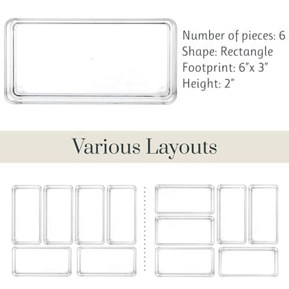 STORi SimpleSort 6-Piece Stackable Clear Drawer Organizer Set | 6" x 3" x 2" Rectangle Trays | Small Makeup Vanity Storage Bins and Office Desk Drawer Dividers | Made in USA - size: 6x3x2" (Set of 6)