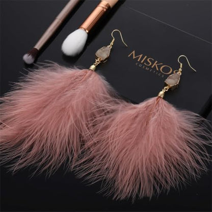 Feather Earrings for Women Boho Bohemian Style Tassel Fringe Statement Drop | Boho Tassel Fringe Statement Drop Earrings Dangle with Bohemian Vibe for Summer Beach Vacation Cruise Festival Outfit - color: Pink