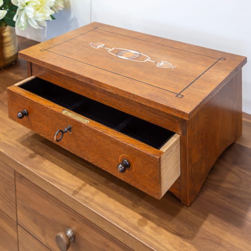 Harvey Ellis Wooden Jewelry Box, Solid Quartersawn Oak | Onondaga Brown Finish, Inlay, Velvet-Lining, Ring Holder, Drawer w/ 2 Keys, 18in W x 11in D x 7.5in H, 18in H Lid Open