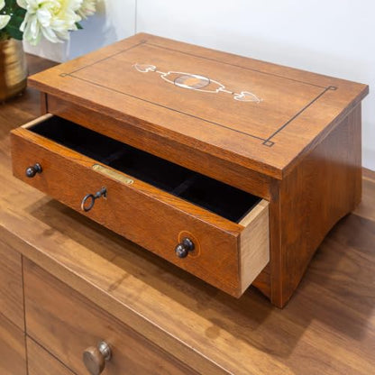 Harvey Ellis Wooden Jewelry Box, Solid Quartersawn Oak | Onondaga Brown Finish, Inlay, Velvet-Lining, Ring Holder, Drawer w/ 2 Keys, 18in W x 11in D x 7.5in H, 18in H Lid Open