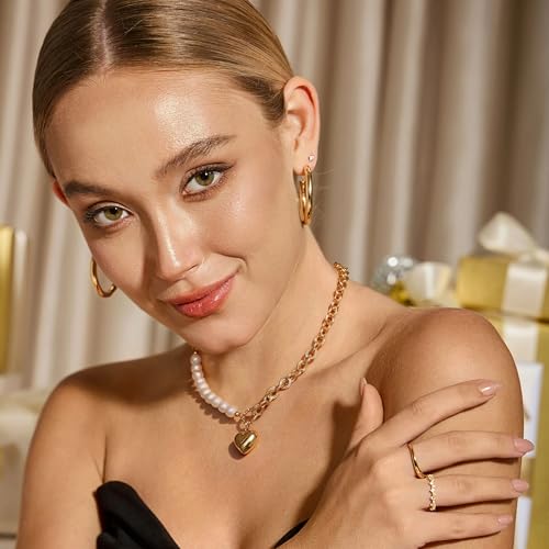 18k Gold Plated Chain Link Necklace for Women, Baroque Pearl/Compass Pendant Necklace - color: Half Pearl