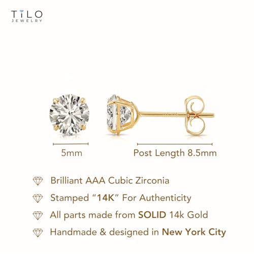 14k Yellow Gold Solitaire Round Cubic Zirconia Stud Earrings - Pushbacks - style: 5mm