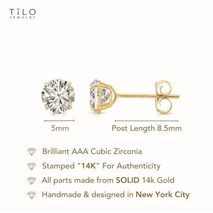 14k Yellow Gold Solitaire Round Cubic Zirconia Stud Earrings - Pushbacks - style: 5mm