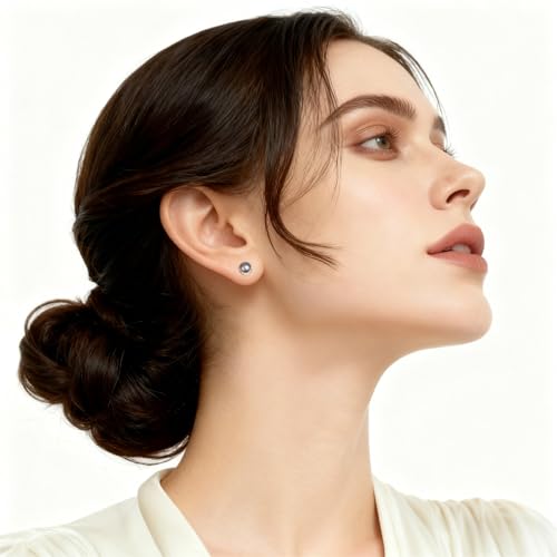 Grey Faux Pearl Stud Earrings, S925 Silver Posts Hypoallergenic for Women - color: Silvery Grey, size: 8mm