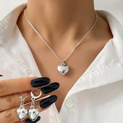 Tone Puffy Heart Pendant Necklace and Huggie Earrings Set, Minimalist Romantic Dainty Jewelry for Women - color: Silver