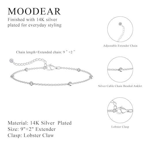 Moodear Ankle Bracelets for Women 14K Silver Plated Layered Chain Anklets | Waterproof Non Tarnish Adjustable Double Layer Anklet with Satellite Bead Chain Design for Summer Beach Jewelry Gift - color: silver-6
