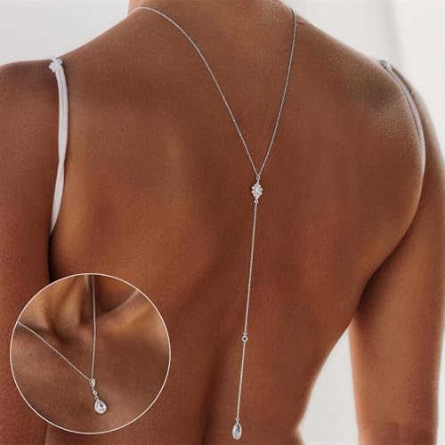 Back Necklace with Rhinestone Pearl Pendant Back Body Chain for Backless Dress Bridal Wedding Backdrop Necklace Crystal Simple Waist Body Jewelry for Women - color: C2