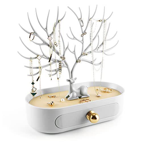 MORE&LESS Antlers Jewelry Display Stand with Aluminium alloy handle, Tree Tower Rack Hanging Organizer for Ring Earrings Necklace Bracelet, Deer Horn Tree Stand with Storage Drawer and Tray - color: B White-Drawer