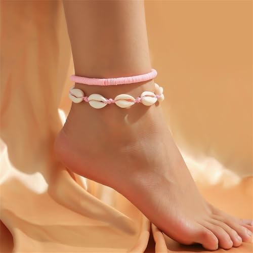 Shell Ankle Bracelet Set for Women,Boho Adjustable Beads Anklet Pack Natural White Shells Stack Stretch Seashell Pearl Starfish Bracelet Set Hawaiian Beach Vacation Foot Jewelry - style: L-Shell