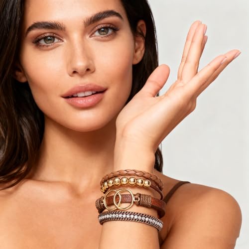 Leather Wrap Bracelets for Women, Boho Leopard Multi-Layer Crystal Beads Cuff Jewelry - color: J-Warp-011