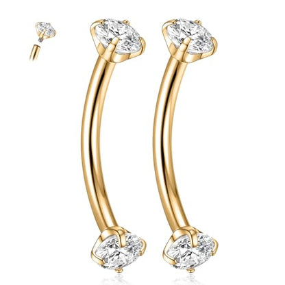PEAKLINK G23 Titanium Eyebrow Piercing Jewelry 16G Eyebrow Rings Curved Barbell Small Belly Ring Rook Daith Earrings Vertical Labret Lip Piercing 6mm-12mm - color: Gold