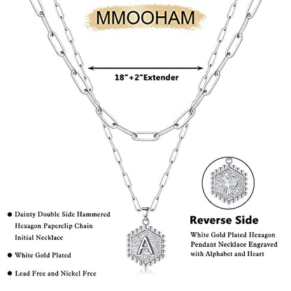 M MOOHAM Dainty Initial Necklaces for Women, 14K-Gold-Plated Layering Necklace for Women Cute Hexagon Letter Initial Necklace Layered Necklaces for Womens Teen Girl Gifts - color: Silver Plated, style: L