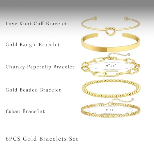 HERIER Gold Bracelets for Women 18k Gold Plated Bracelet Stack Bangle Cuff Bracelet Set for Women Non Tarnish Beaded/Paperclip/Cuban Link Chain Bracelets Jewelry for Women Trendy - style: Bangle Cuban5-Gold