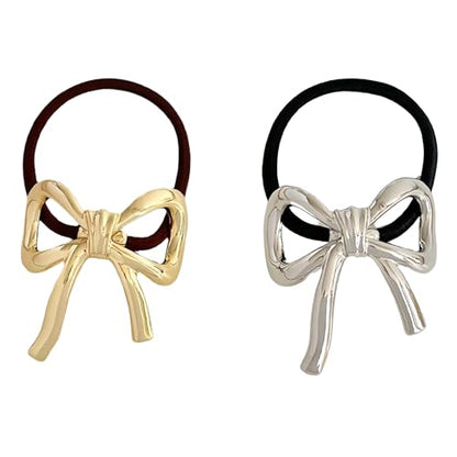 Bow Hair Ties for Women Gold Silver Metal Hair Tie for Girls Elegant Elastics Rubber Hair Scrunchies for Long Thick Bowknot Ponytail Holder Christmas Gifts Bow Hair Accessories 2Pcs