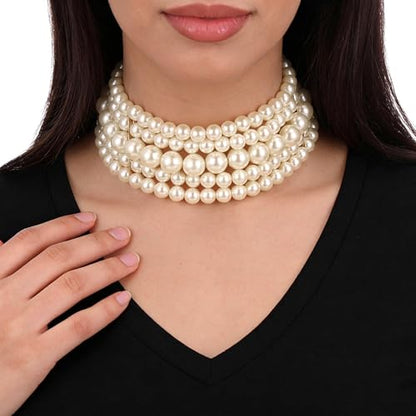 Yolev 5 Layers Boho Round Imitation Pearl Choker Necklace Vintage Multi Strands Pearl Collar Pearl Choker Necklaces for Women Bridal Wedding 20s Flapper Themed Party
