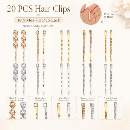 20 Pcs Decorative Bobby Pins Set Rhinestone Bobby Pins | Shiny Fancy Small Hair Clips,Diamond Crystal Hair Barrette,for Women Girls,Wedding,Prom,Party,BridalAccessories