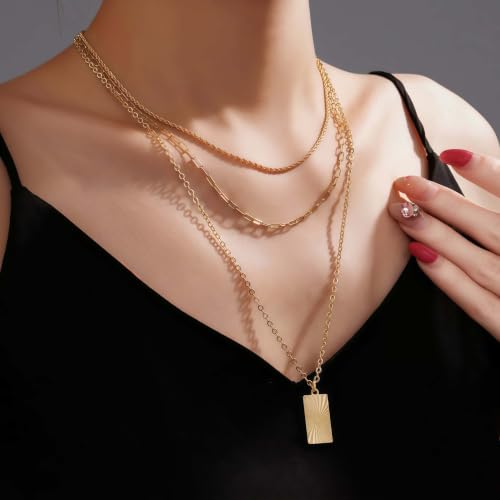 SEADAY Layered Gold Necklace for Women, 3-in-1 Gold Stack Necklace | Long Gold Necklace, Square, Hypoallergenic, Tarnish-resistant & Adjustable, Fashion Jewelry Gift Box & Gift Bag - color: Gold - Aura Rectangle