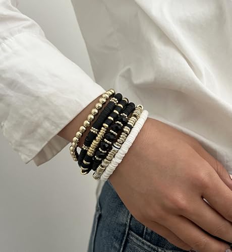 iF YOU 13pcs Boho Brown Gold Beaded Stretch Bracelets for Women, Heishi Clay Surfer Stackable Bracelet Stacks Summer Beach Jewelry - style: White & Black Clay Bracelets