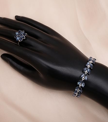CSY Elegant Bridal Jewelry Sets Wedding Prom Homecoming Gown Accessories | Austrian Marquise Crystal Wedding Necklace Dangle Earrings Tennis Bracelet Ring Set for Bride Women Costume Accessories - color: navy blue crystal-platinum tone