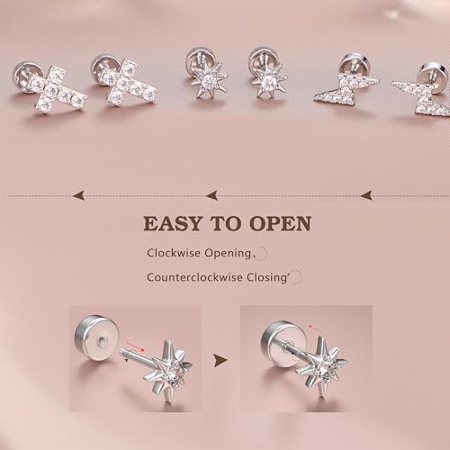 14K Gold Plated 925 Sterling Silver Flat Back Earrings Set | Hypoallergenic Cartilage Helix Conch Tragus Piercing Jewelry 3 Pairs Small Screw Dainty CZ Opal Earring Set Men Women - color: Silver, Style H