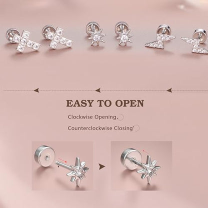 14K Gold Plated 925 Sterling Silver Flat Back Earrings Set | Hypoallergenic Cartilage Helix Conch Tragus Piercing Jewelry 3 Pairs Small Screw Dainty CZ Opal Earring Set Men Women - color: Silver, Style H
