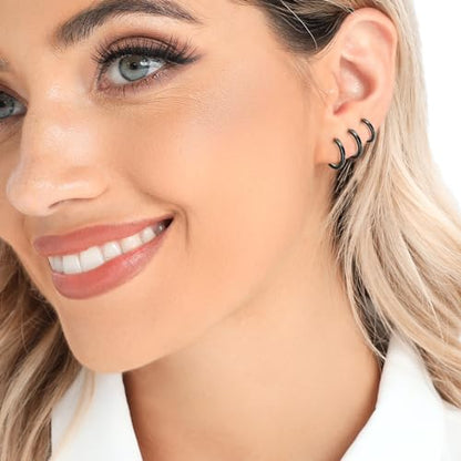 3 Pairs 925 Sterling Silver Hoop Earrings 14K White Gold Plated Small Silver Hoops Cartilage Huggie Earrings for Women Men - color: I-Black 3Pairs 8mm
