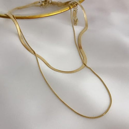 18K Gold Plated Layered Herringbone Necklaces for Women Dainty Layering Beaded Snake Chain Choker Moon Coin Pendant Necklace Trendy Stainless Steel Jewelry - color: Double Herringbone-Gold