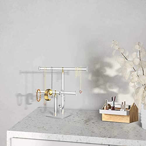 2-Tier Acrylic Jewelry Stand for Necklaces Bracelets | 2-tier acrylic stand with dual bars, tangle-free storage for necklaces, bracelets & earrings for dresser and shop
