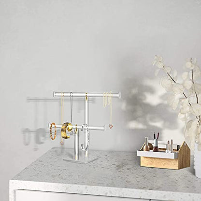 2-Tier Acrylic Jewelry Stand for Necklaces Bracelets | 2-tier acrylic stand with dual bars, tangle-free storage for necklaces, bracelets & earrings for dresser and shop