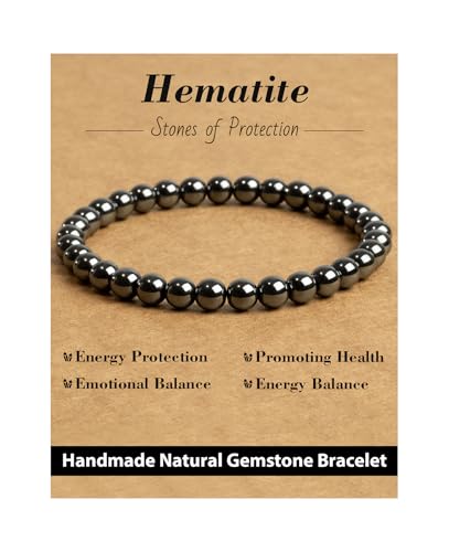 Natural Stone Beaded Bracelets for Men Women, 4mm 6mm 8mm | Healing Crystal, Protection Gemstone, Gift Packaging with Energy Card, Stretch Jewelry, Replacement Beads Included, 18 Stone - color: Hematite(Protection & Stabilization), size: 6mm