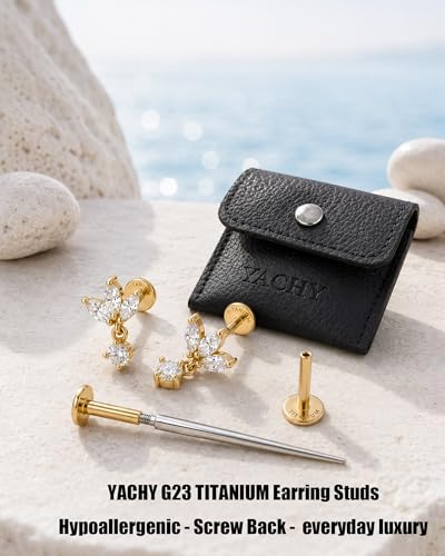 YACHY ASTM F136 G23 Titanium Flat Back Stud Earrings, Internally Threaded Screw-On Hypoallergenic Body Piercing Jewelry for Everyday Wear, Tragus Helix Conch Monroe Medusa Lip, 18G 6mm 8mm - color: Crystal Blossom--2pcs+2bar--Gold, size: 6mm+8mm