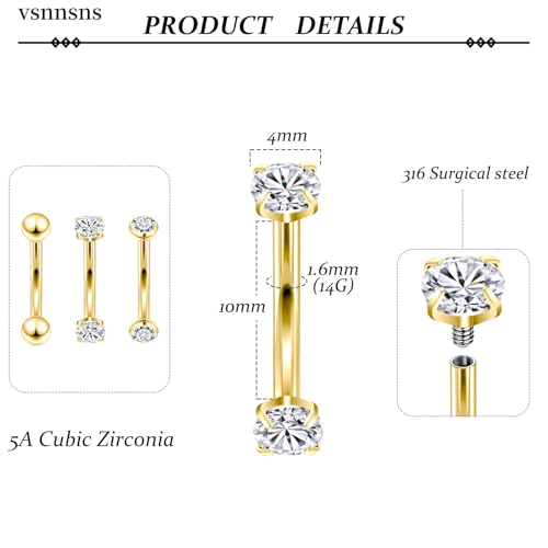 14G Small Belly Button Ring Piercing Jewelry 316L Stainless Surgical Steel Tiny Internally Threaded Navel Rings Belly Button Ring Piercing Jewelry for Women 14 Gauge Hypoallergenic - color: Gold-10MM Bar-Clear CZ