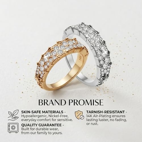 14K Non Tarnish Gold Rings for Women 34 Rhinestones Daisy Accents Stackable Stacking Gold Plated Womens Wedding Rings - color: Gold