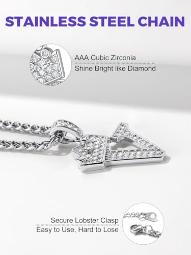 Richsteel Silver Crown Initial A-Z Letter Pendant Necklace for Men Women | Cubic Zirconia Monogram, 316L Steel Chain, 22" + 2" Extender,Hypoallergenic,Gift Box, Hip Hop Jewelry - style: V