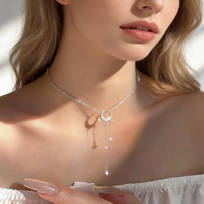 Moon Y Necklace Silver with Star Pendant, Rhinestone Long Link Chain Jewelry, Adjustable Moon Choker Crescent Pendant Collarbone Necklaces, Celestial Statement Jewelry Gifts for Women - style: StyleD