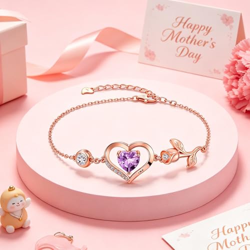 1CT Rose Heart Birthstone Bracelet for Women Love Gift - style: 06-Jun Light Purple Rose Gold