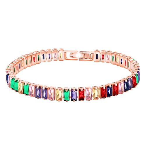 Uloveido 2.5 * 6mm Cubic Zirconia Rectangular Tennis Bracelets for Women | Classic Emerald Cut Faux Diamond Eternity Bracelet Size 6.5-7.5 Inch - color: Rose gold-multi, size: 6.5 inch