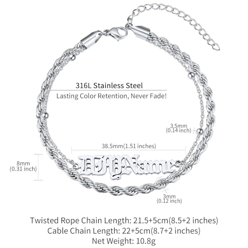 ChainsHouse Double Layer Anklet Bracelet for Women,Adjustable Chain Anklets Stackable Dainty Anklets,Stainless Steel/Gold Plated/Black Ankle Jewelry Gifts - color: A-Silver-Rope Chain
