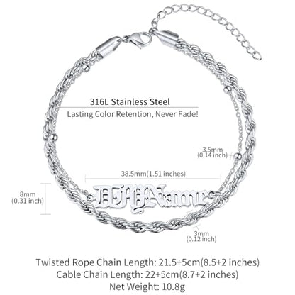 ChainsHouse Double Layer Anklet Bracelet for Women,Adjustable Chain Anklets Stackable Dainty Anklets,Stainless Steel/Gold Plated/Black Ankle Jewelry Gifts - color: A-Silver-Rope Chain