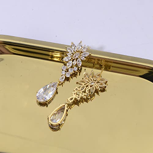 CZ Bridal Earrings for Wedding - 14k Plated Sterling Silver Elegant Teardrop Cubic Zirconia Crystal Rhinestone Floarl Leaf Cluster Chandelier Statement Dangle Drop Earrings for Bride Bridesmaids Party - color: Yellow Gold