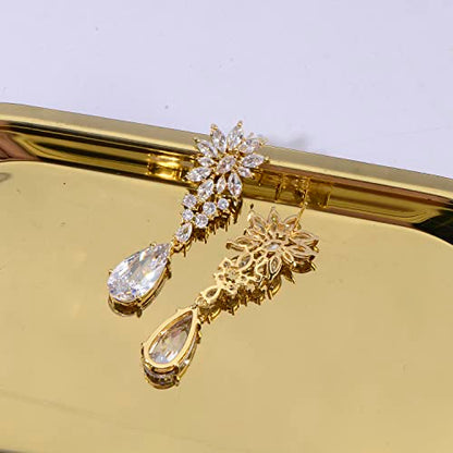 CZ Bridal Earrings for Wedding - 14k Plated Sterling Silver Elegant Teardrop Cubic Zirconia Crystal Rhinestone Floarl Leaf Cluster Chandelier Statement Dangle Drop Earrings for Bride Bridesmaids Party - color: Yellow Gold
