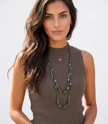 Noessla Boho Long Beaded Necklaces for Women Double Layer Chunky Irregular Stone Beads Strand Statement Jewelry Mothers Day Gifts - color: Dark Green