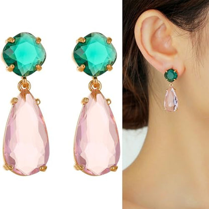Crystal Earrings CXUEMH Teardrop Earrings for Women Blue and Green Dangle Earrings Elegant Earrings for Prom Emerald Green Earrings Formal Jewelry Crystal Drop Earrings - color: green and pink
