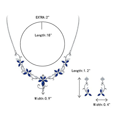 Crysdue Flower Leaf Wedding Jewelry Set for Bridal Bridemaid, Cubic Zirconia Teardrop Elegant Silver/14K/Rose Gold Plated Vine Necklace Dangle Earrings for Prom Party - style: A_Blue