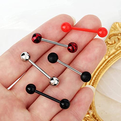 5PCS 14G 316L Stainless Steel Red Black Acrylic Balls Tongue Barbell Painting Tongue Rings Piercing