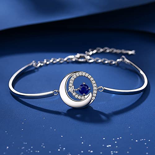 FANCIME Birthstone Bracelets 925 Sterling Silver Moon and Star Bangle Charm Bracelet Fine Jewelry Anniversary Birthday Mothers Day Gifts for Mom Her Women, Adjustable Chain 6.7"+1.2" Extend - color: Sep.- Sapphire