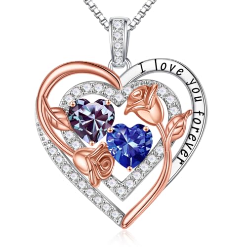 Iefil Heart Birthstone Necklace for Women - Double Birthstone Jewelry | 925 Sterling Silver, Gift Box Packaging, Anniversary Birthday Gifts for Women Wife Mom - color: 06-12-Jun-Dec Birthstone