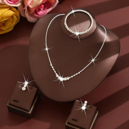 Silver Wedding Prom Jewelry Sets Sparkling Crystal Chain Necklace Earrings Bracelet Set Rhinestone Wedding Set Formal Prom Costume Jewelry Sets for Women and Brides - color: Silver